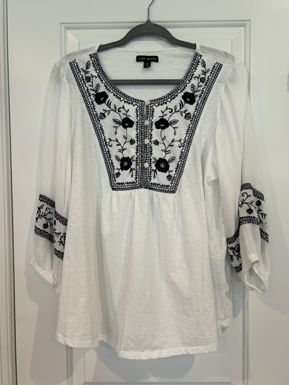 Lane Bryant White Tunic with Blue Floral Embroidery